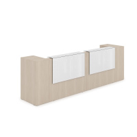 1КРТ-КЛ05.1 Комплект Ресепшн с фартуком HPL (363.2x75.1x114.9 см) (с подсветкой) шамони светлый/белый глянец hpl