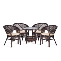 Комплект PELANGI 02/15 ( стол со стеклом + 4 кресла ) [с подушками] ротанг, кресло 65х65х77см, стол диаметр 64х61см, walnut (грецкий орех)