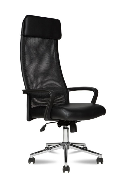 Кресло офисное для руководителя МГ 17 хром паук спинка сетка черная / сиденье экокожа черная