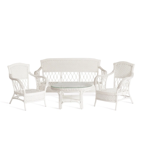 Комплект для отдыха ANDREA (диван + 2 кресла + журн. столик со стеклом + подушки) TCH White (белый), Ткань рубчик, цвет кремовый Комплект для отдыха ANDREA (диван + 2 кресла + журн. столик со стеклом + подушки) TCH White (белый), Ткань рубчик, цвет кремовый